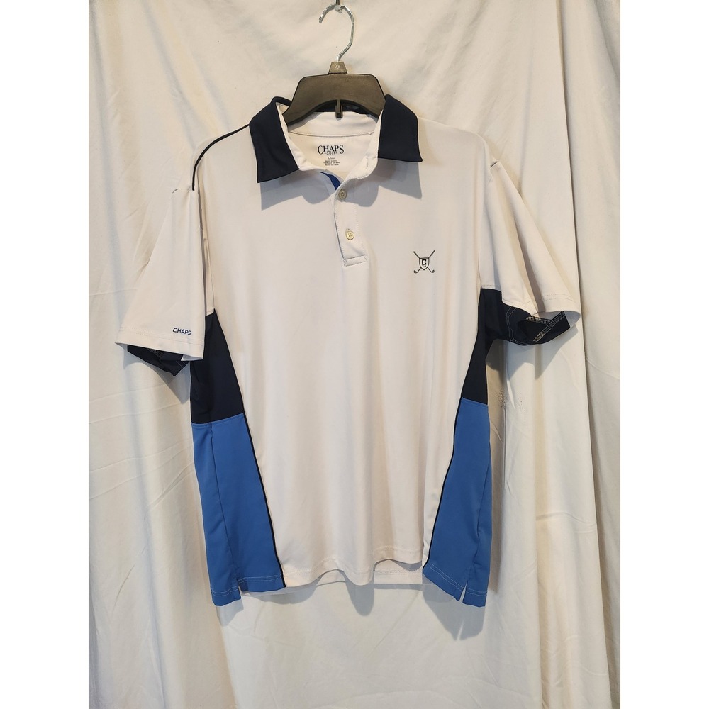 Chaps Golf Mens Large White Blue Colorblock Short Sleeve Polo Shirt